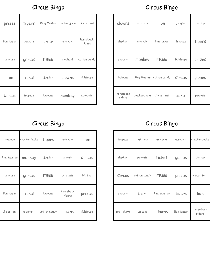 Circus Bingo