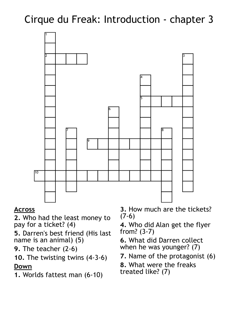 Cirque du Freak: Introduction - chapter 3 Crossword