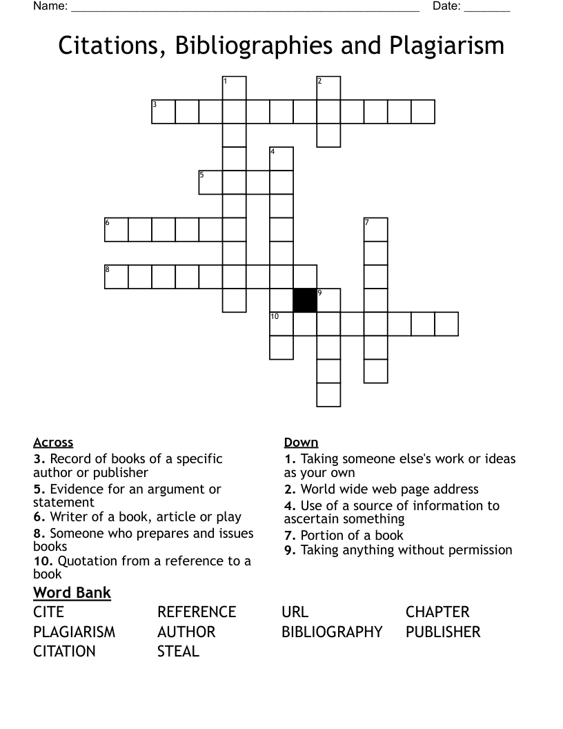 Citations, Bibliographies and Plagiarism Crossword