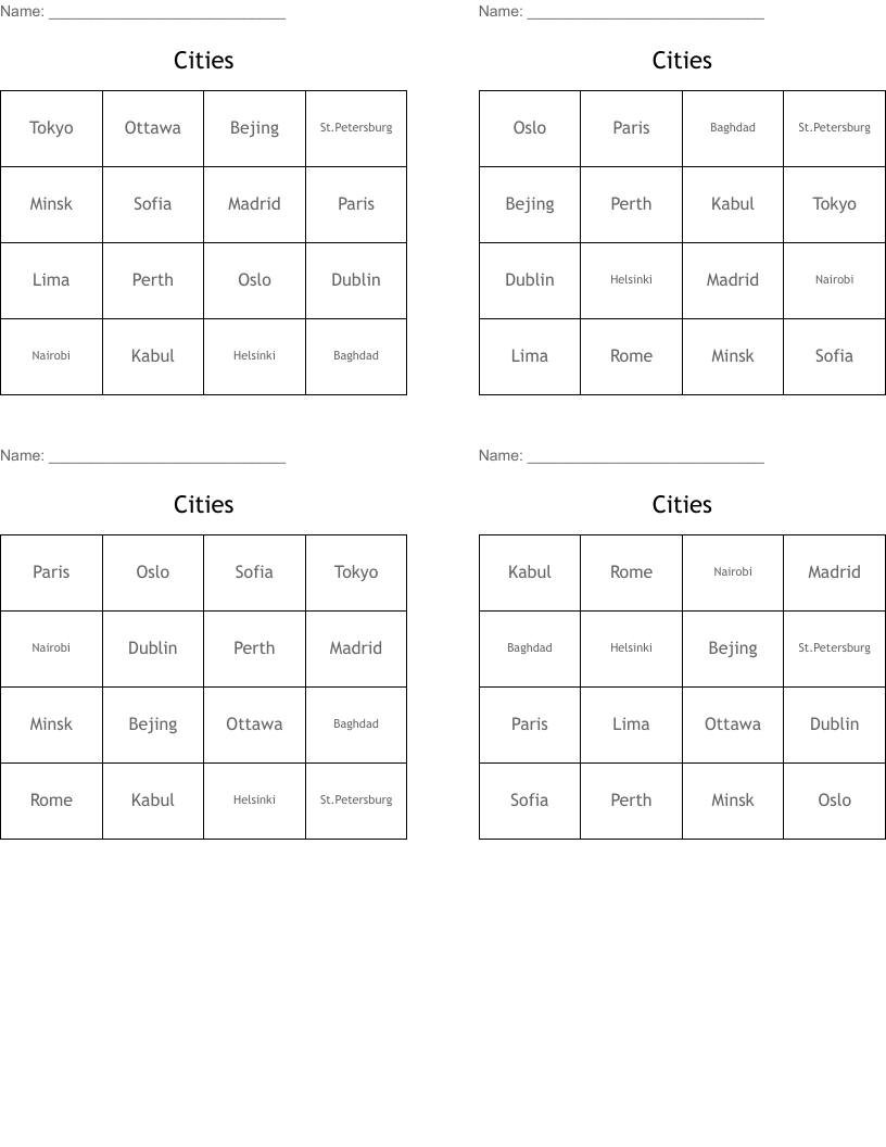 Cities Bingo Cards