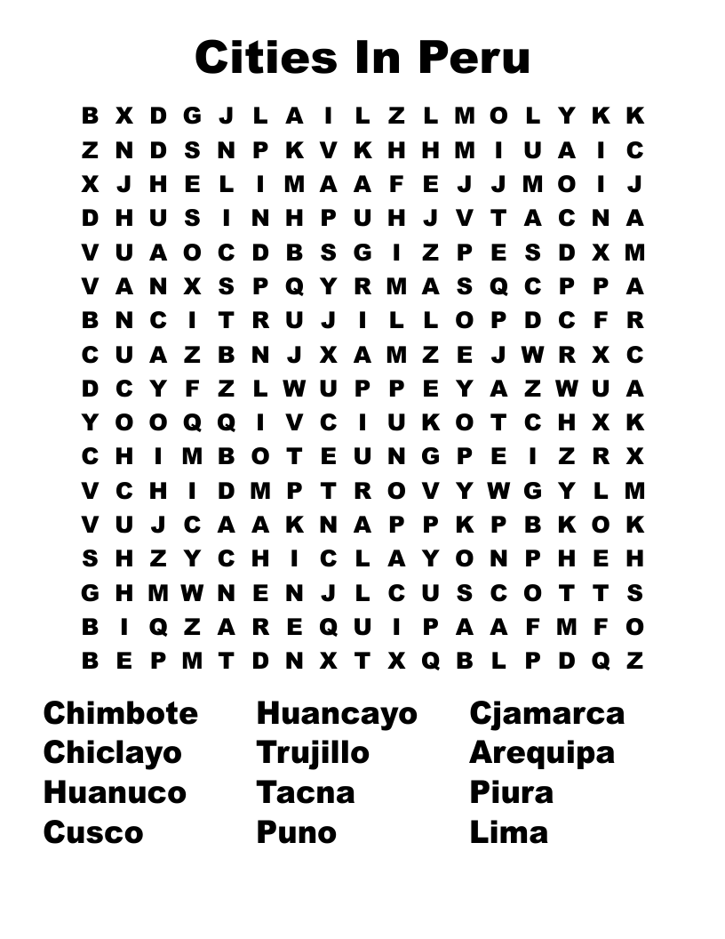 Cities In Peru Word Search