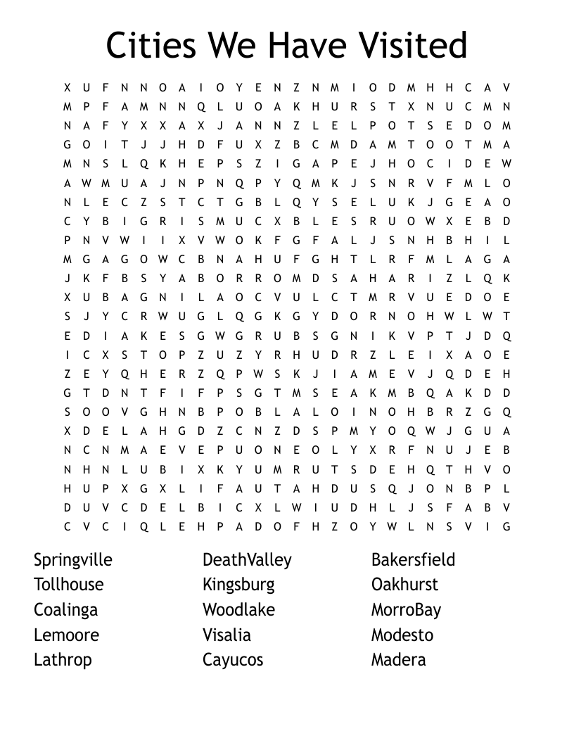 Cities We Have Visited Word Search