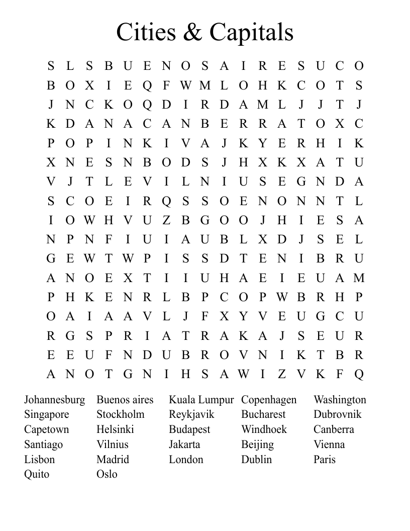 Cities & Capitals Word Search