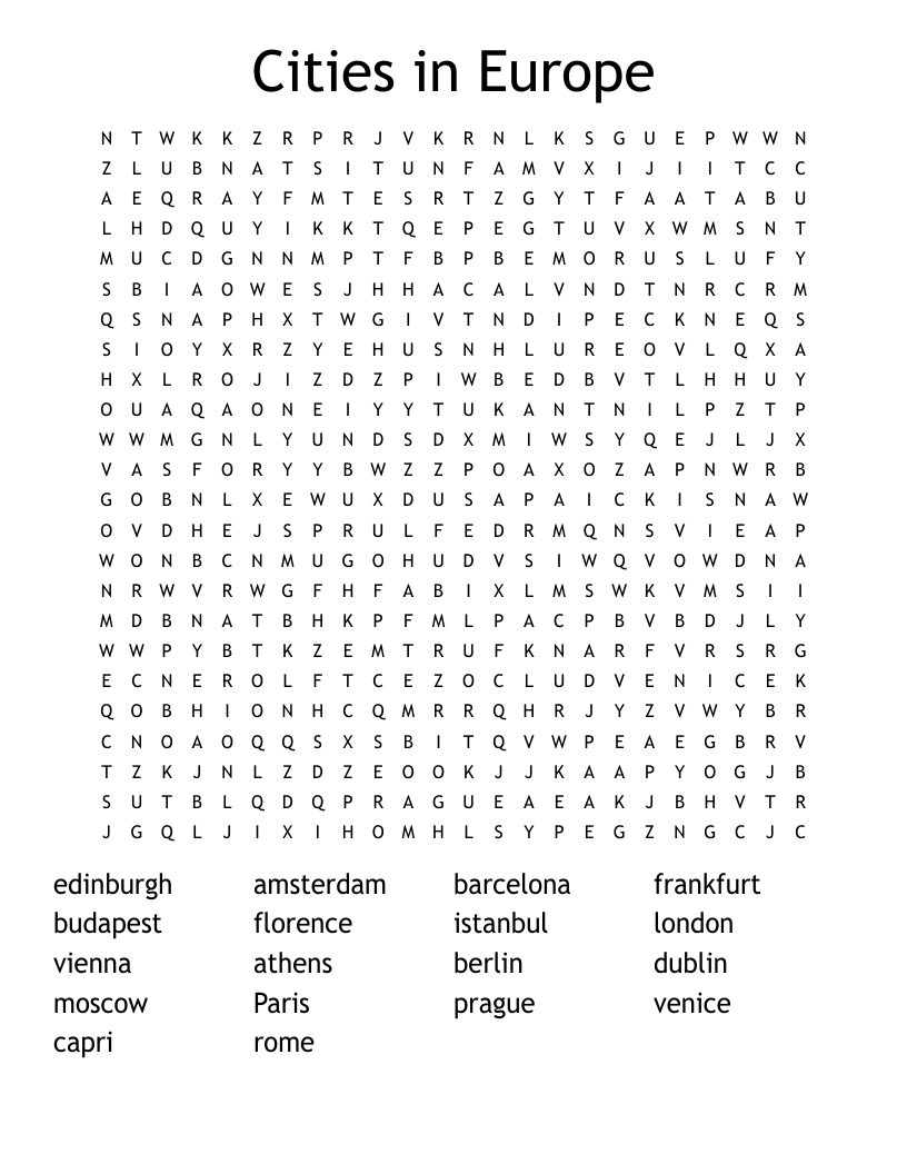 Cities in Europe  Word Search