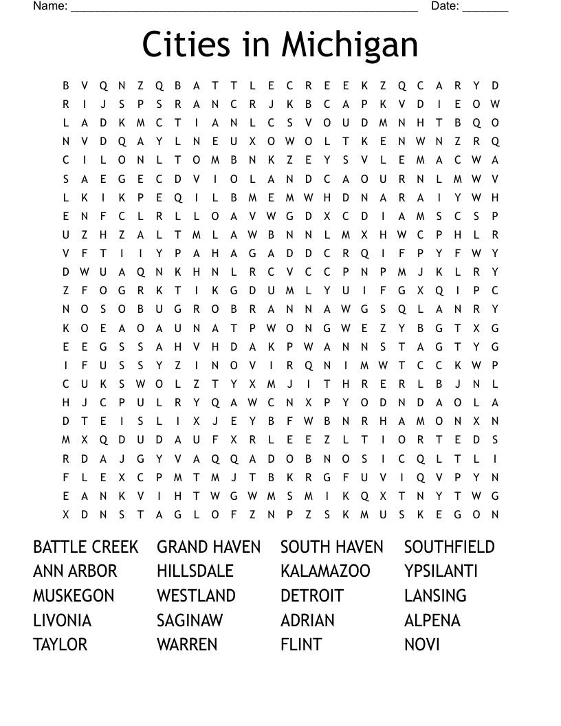 Cities in Michigan Word Search
