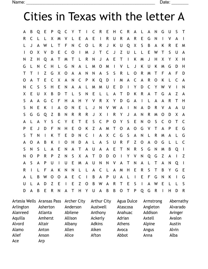 Cities in Texas  with the letter A Word Search