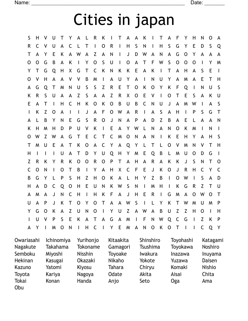 Cities in japan Word Search