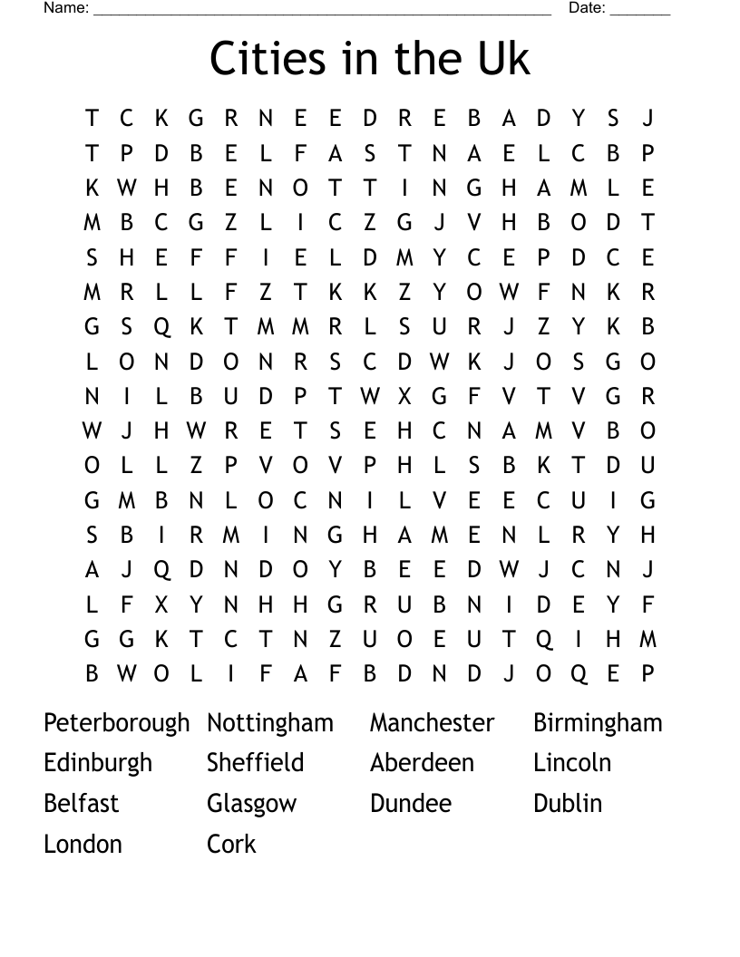 Cities in the Uk Word Search