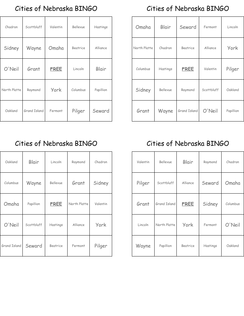 Cities of Nebraska BINGO