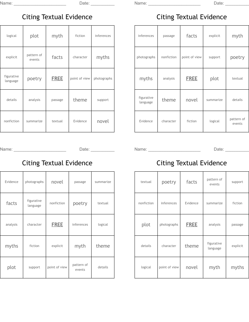 Citing Textual Evidence Bingo Cards