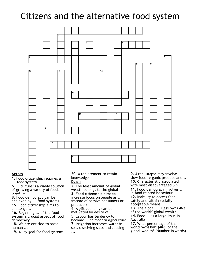 Citizens and the alternative food system Crossword
