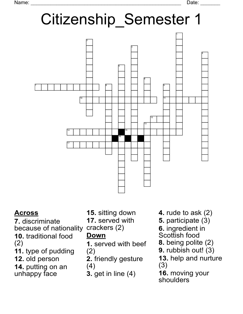 Citizenship_Semester 1 Crossword