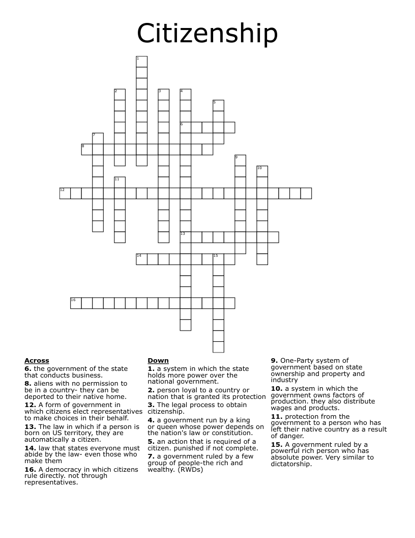 Citizenship Crossword