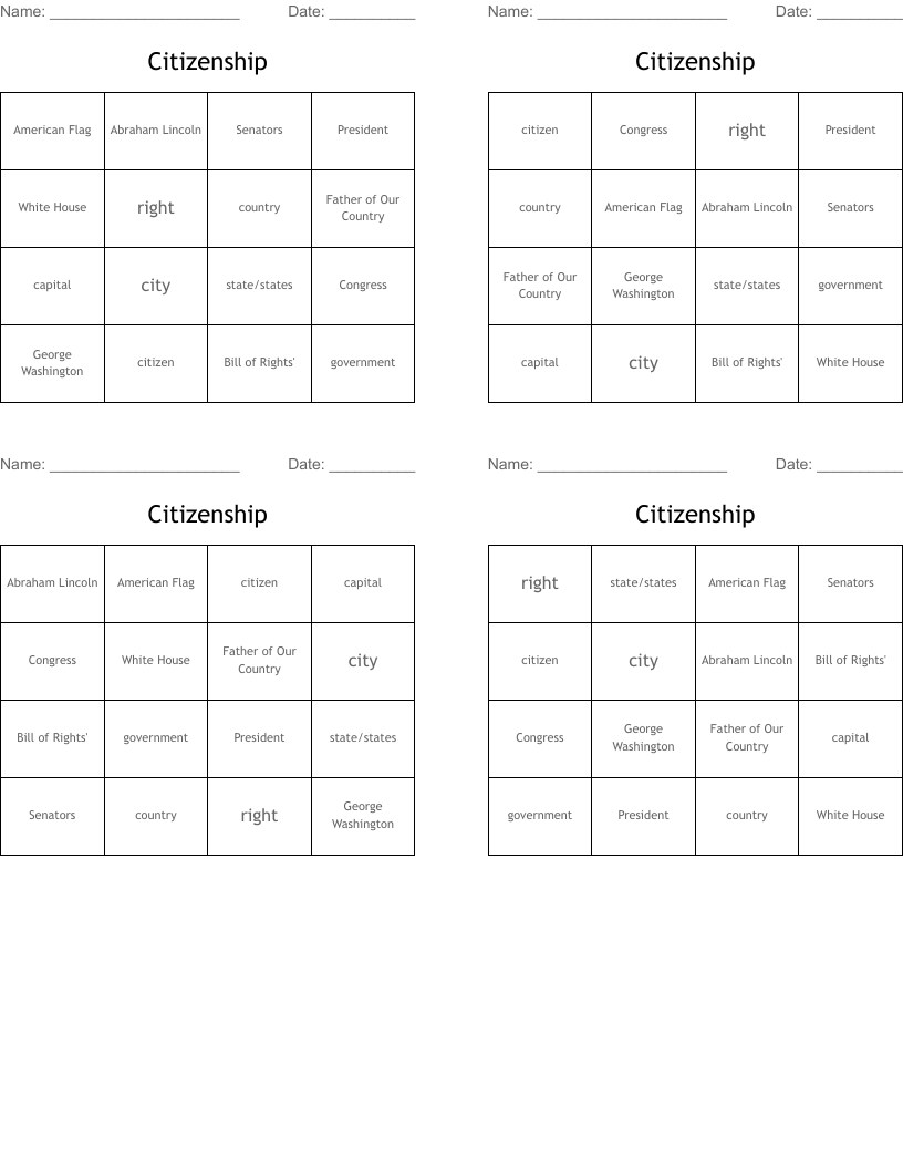 Citizenship Bingo Cards