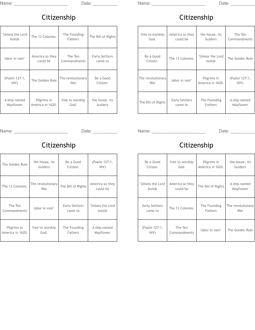 Citizenship Bingo Cards