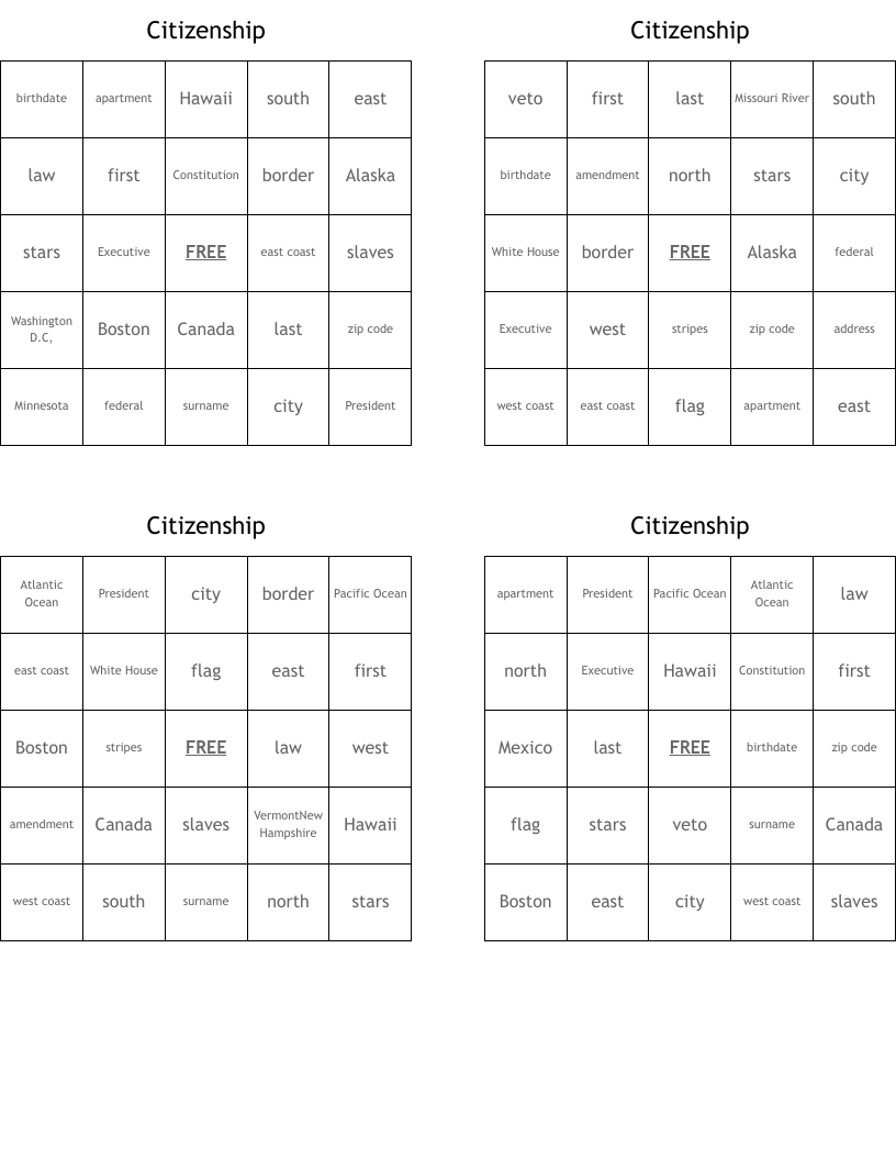 Citizenship Bingo Cards
