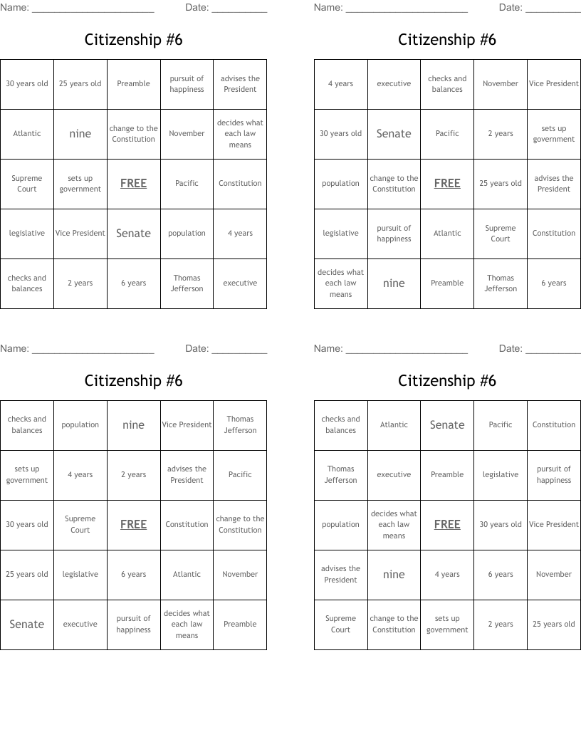 Citizenship #6 Bingo Cards