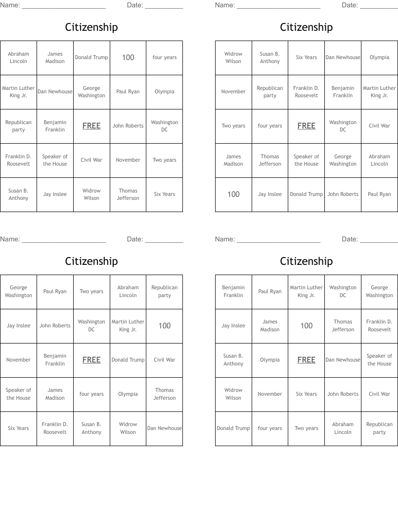 Citizenship Bingo Cards