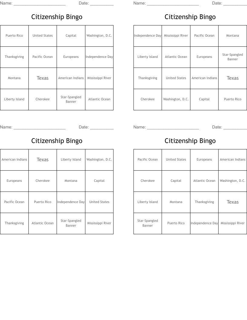 Citizenship Bingo