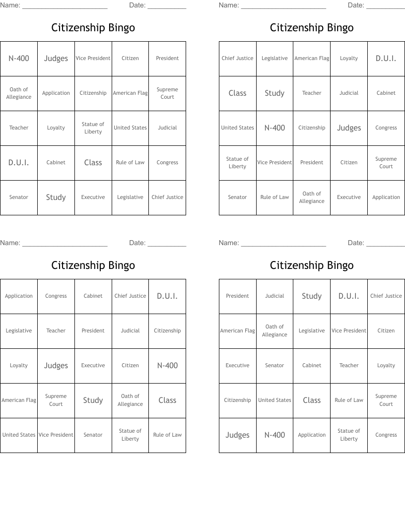 Citizenship Bingo