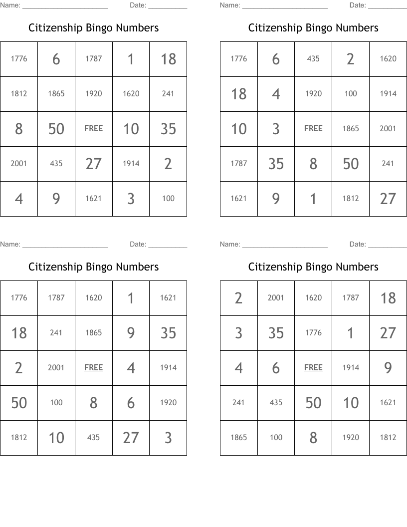 Citizenship Bingo Numbers