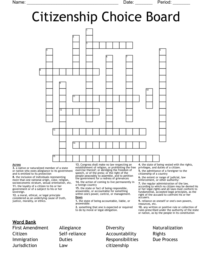 Citizenship Choice Board Crossword