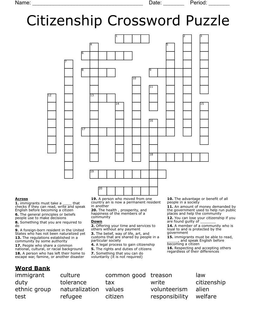 Citizenship Crossword Puzzle
