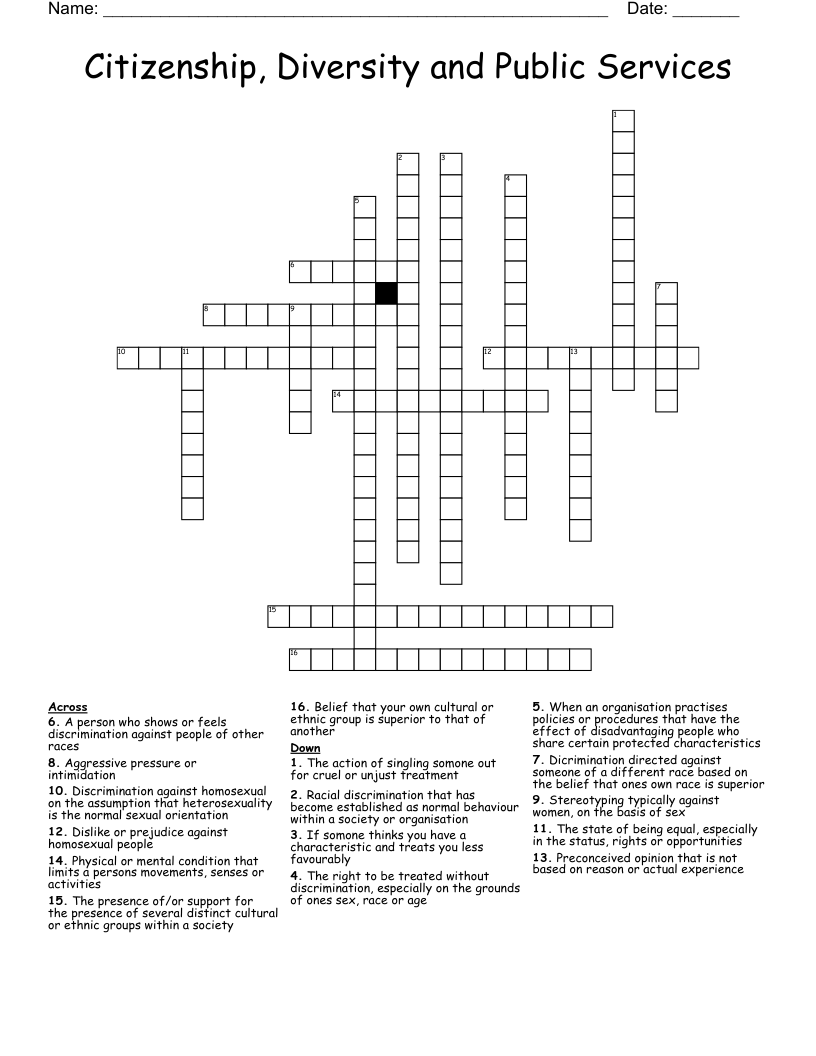 Citizenship, Diversity and Public Services Crossword
