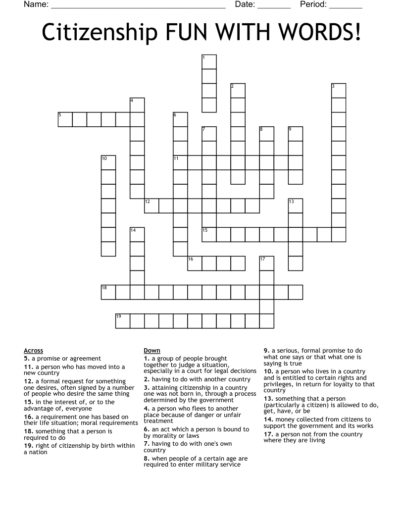 Citizenship FUN WITH WORDS! Crossword