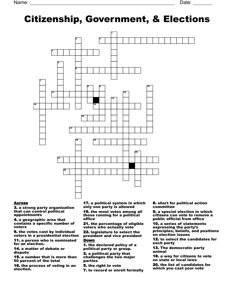 Citizenship, Government, & Elections Crossword