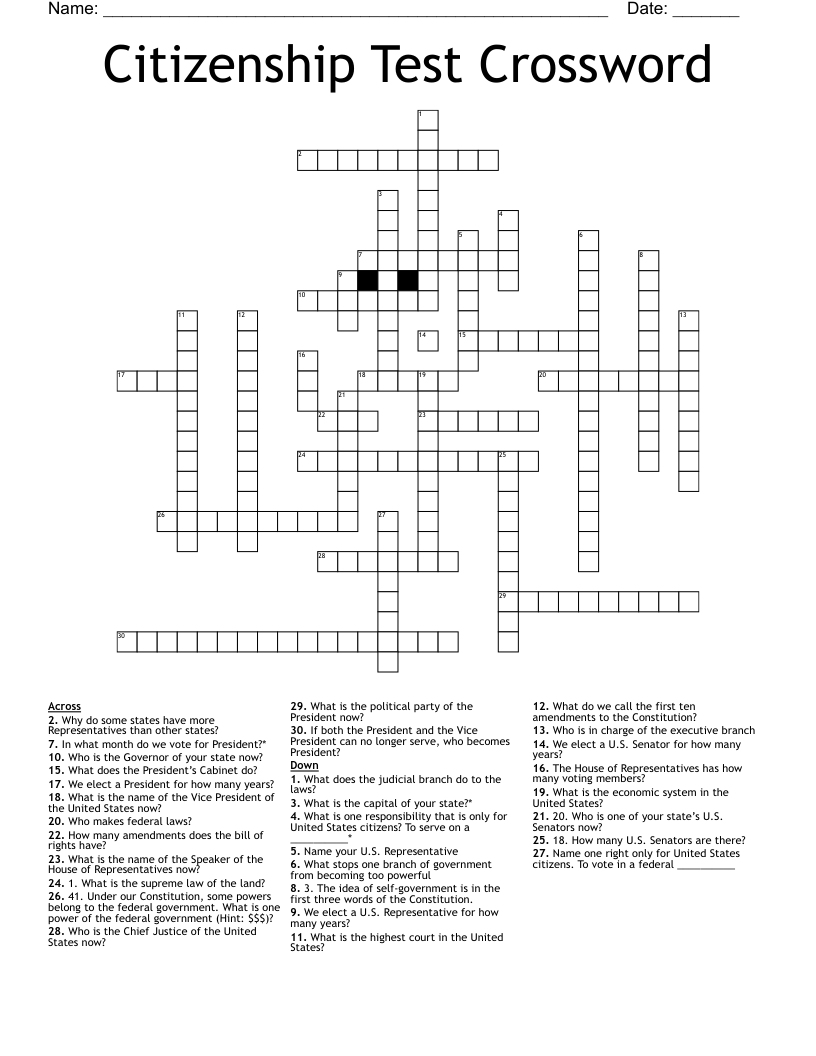 Citizenship Test Crossword