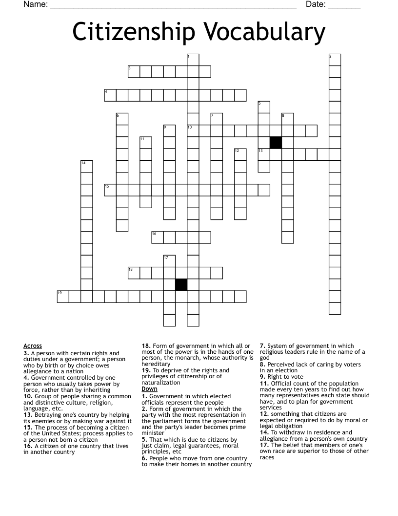 Citizenship Vocabulary Crossword
