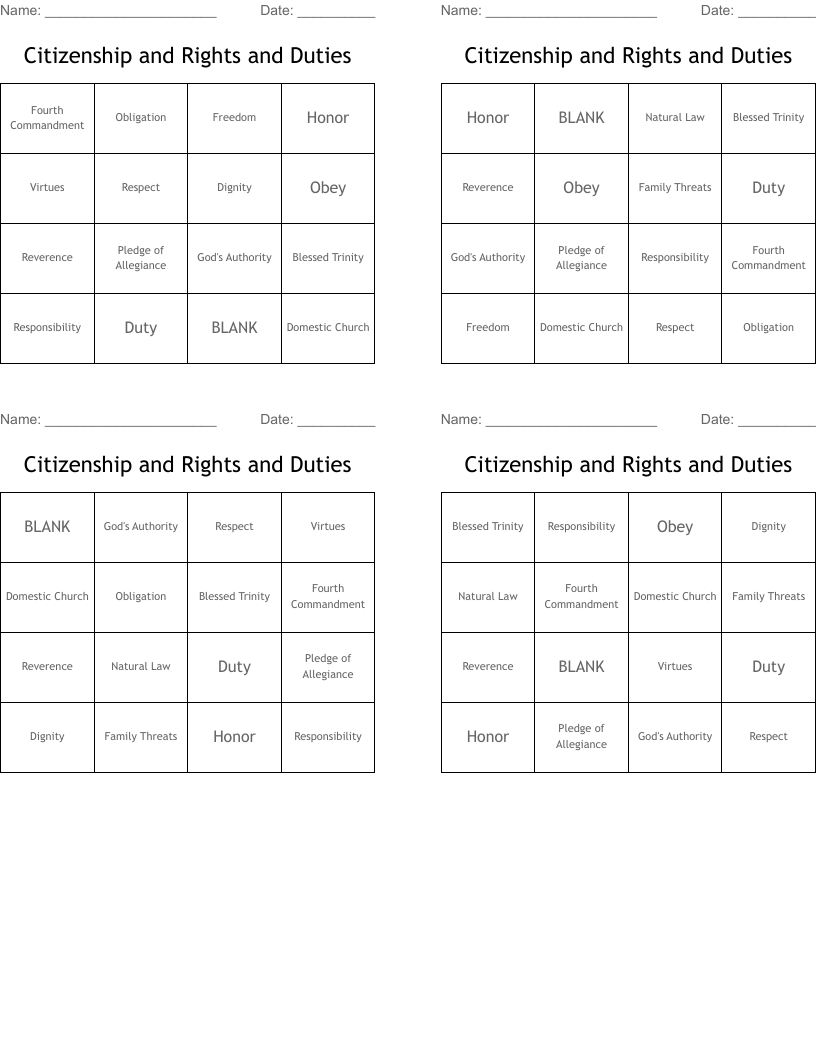 Citizenship and Rights and Duties Bingo Cards