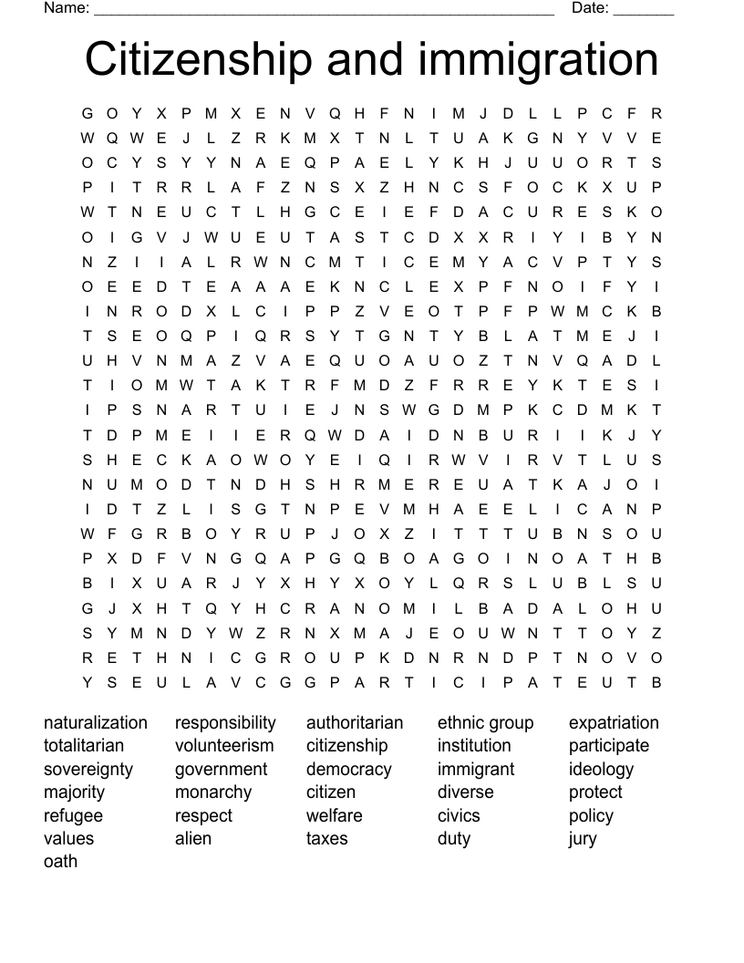 Citizenship and immigration Word Search