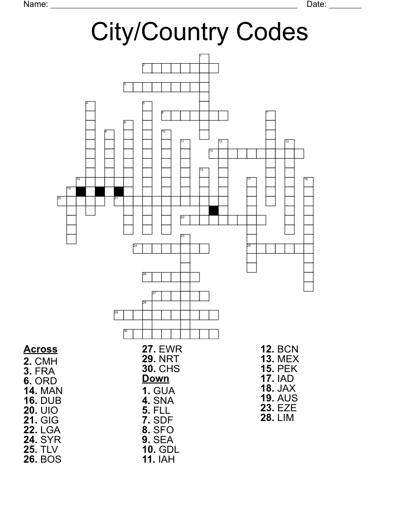 City/Country Codes Crossword