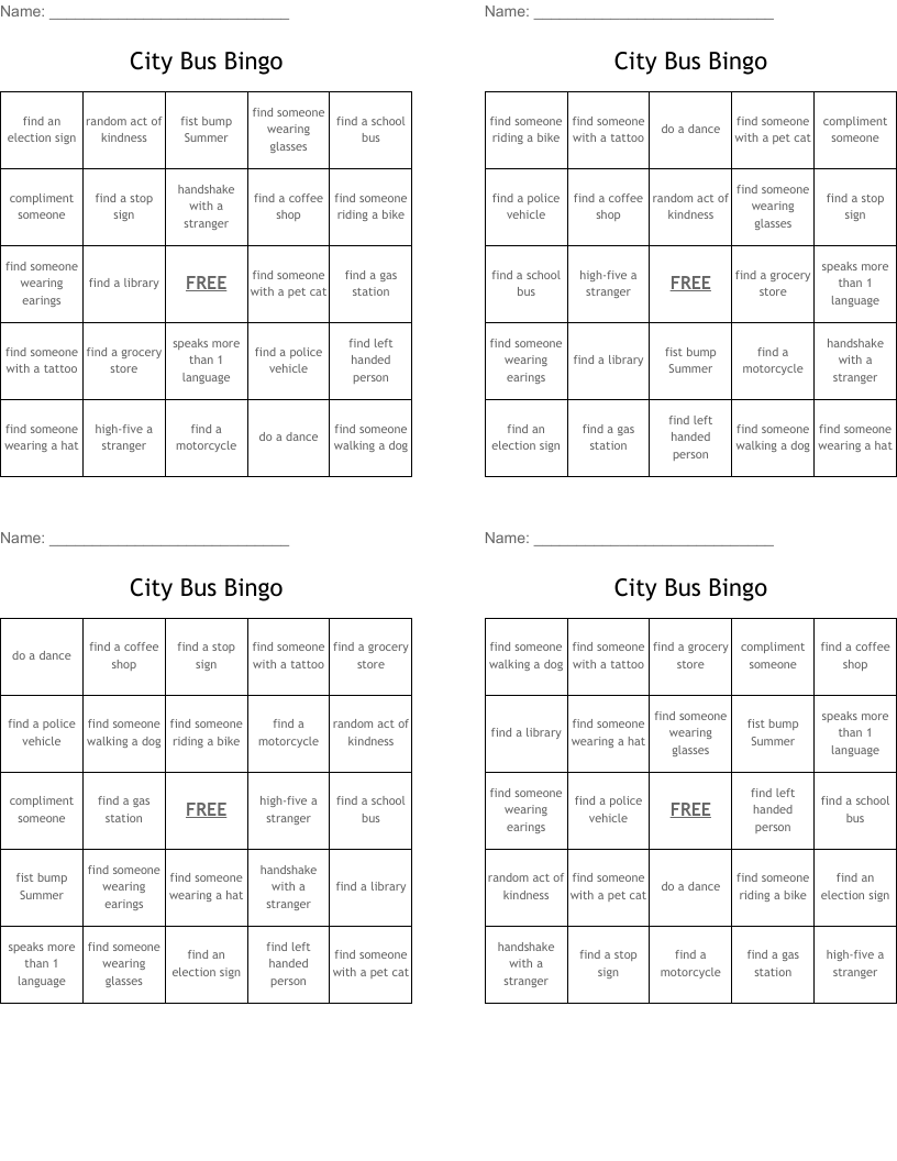 City Bus Bingo