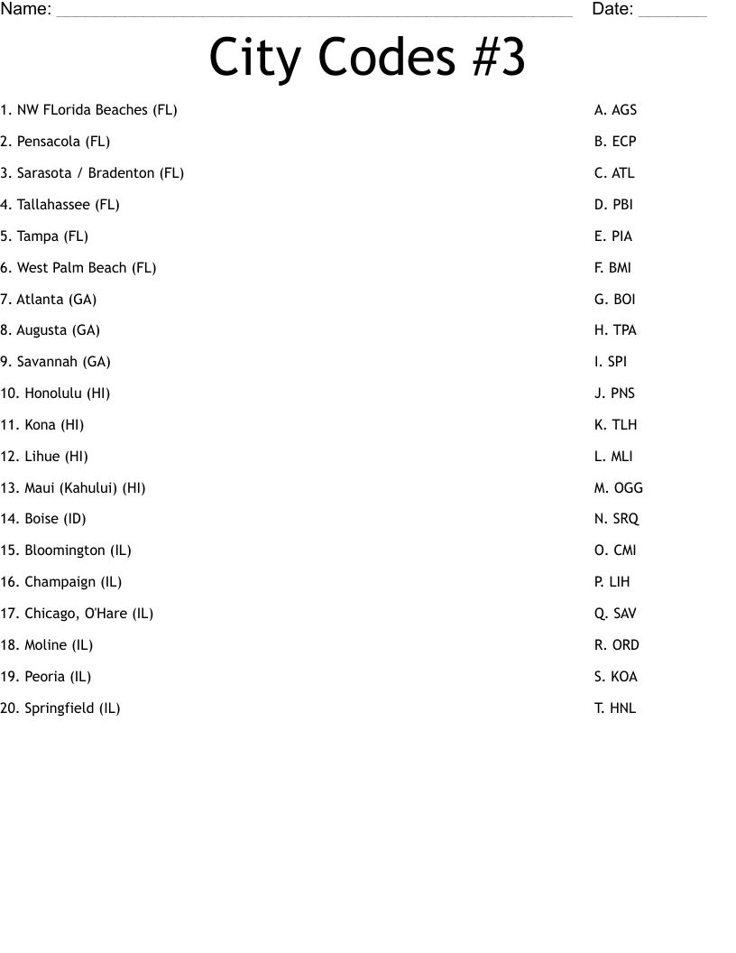 City Codes #3 Worksheet