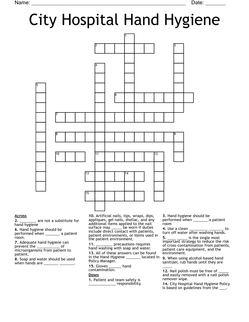 City Hospital Hand Hygiene Crossword