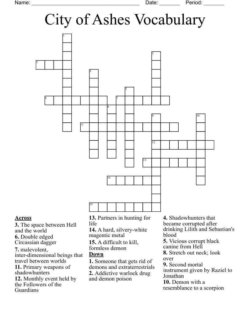 City of Ashes Vocabulary Crossword