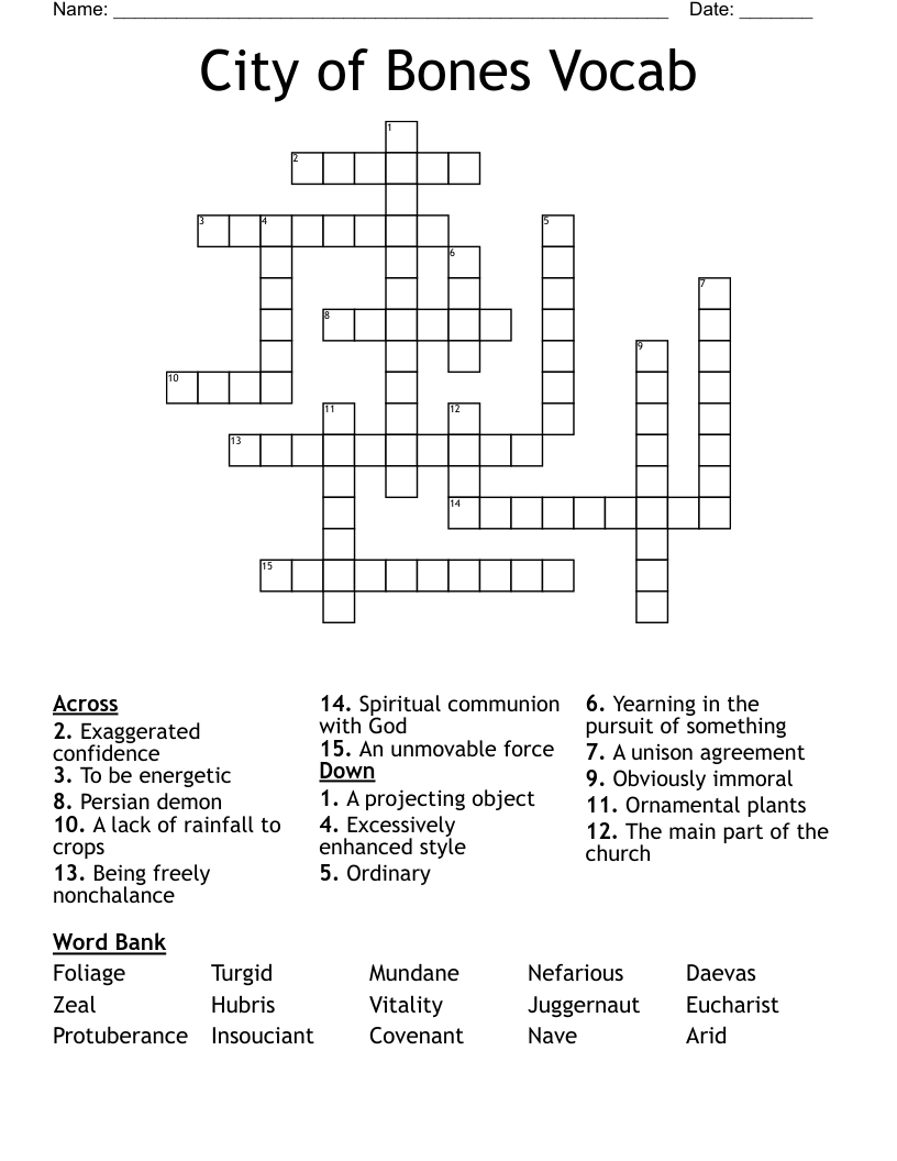 City of Bones Vocab Crossword