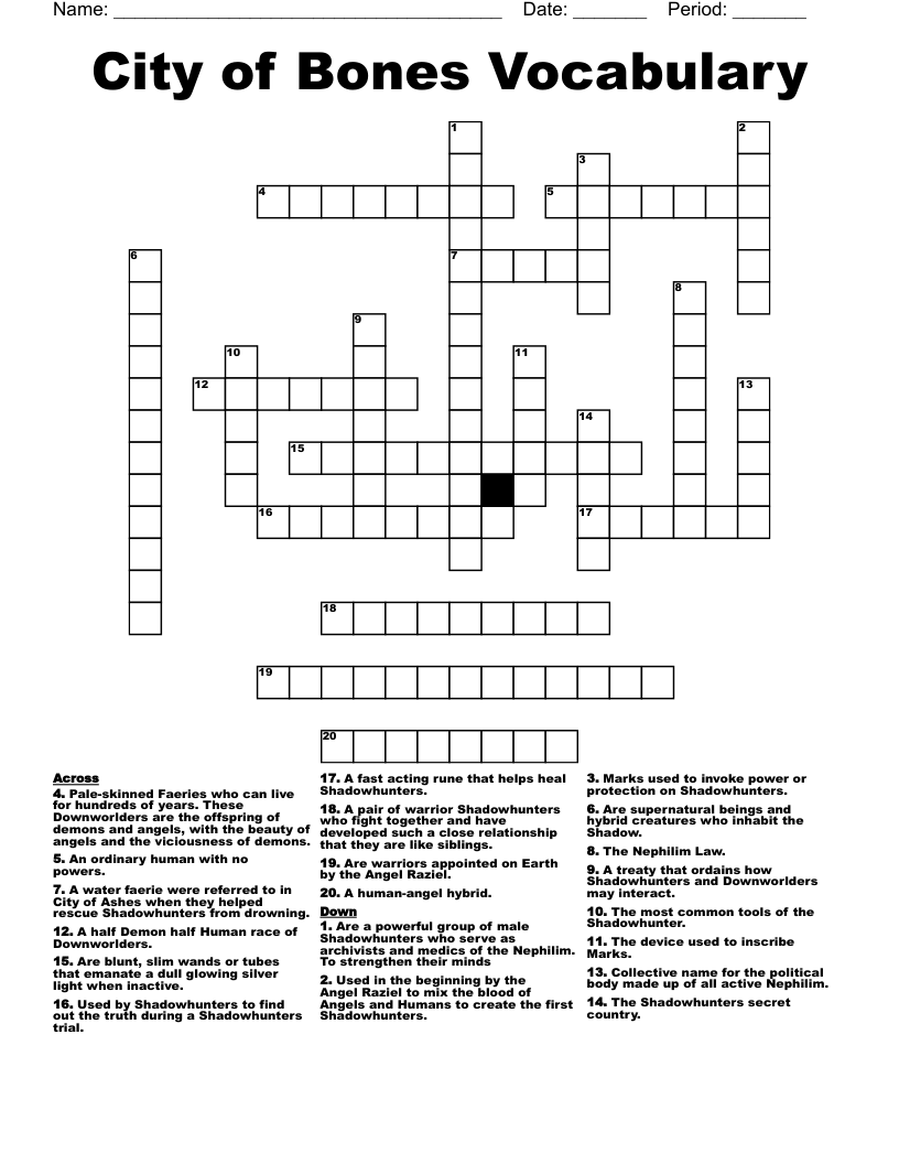 City of Bones Vocabulary Crossword