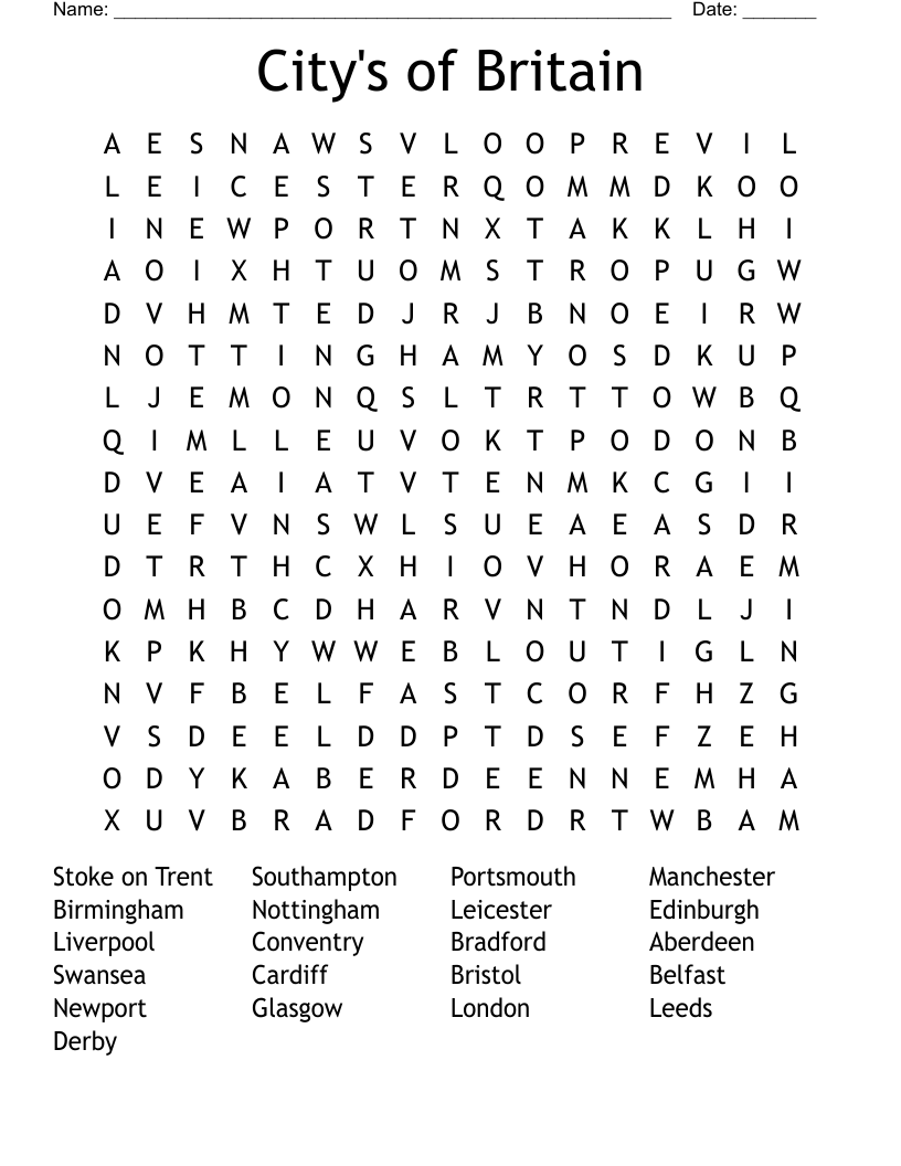 City's of Britain Word Search