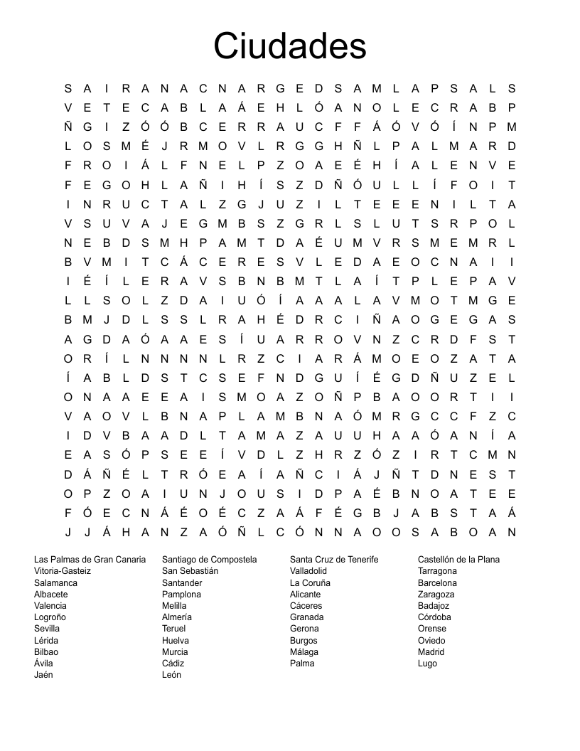 Ciudades Word Search