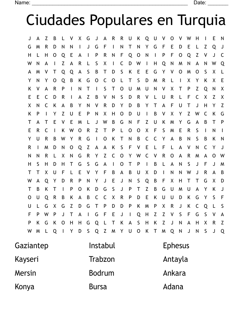 Ciudades Populares en Turquia Word Search