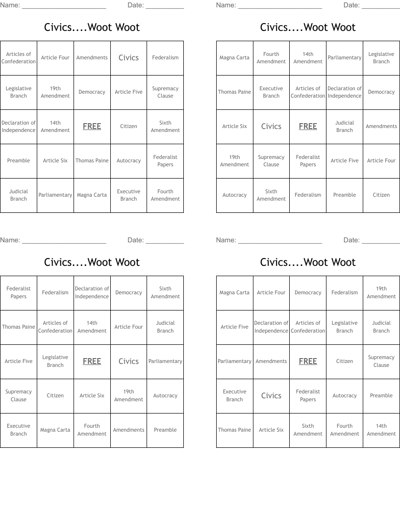 Civics....Woot Woot Bingo Cards