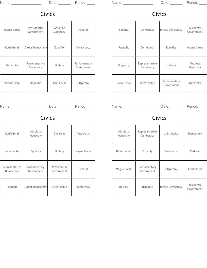 Civics Bingo Cards