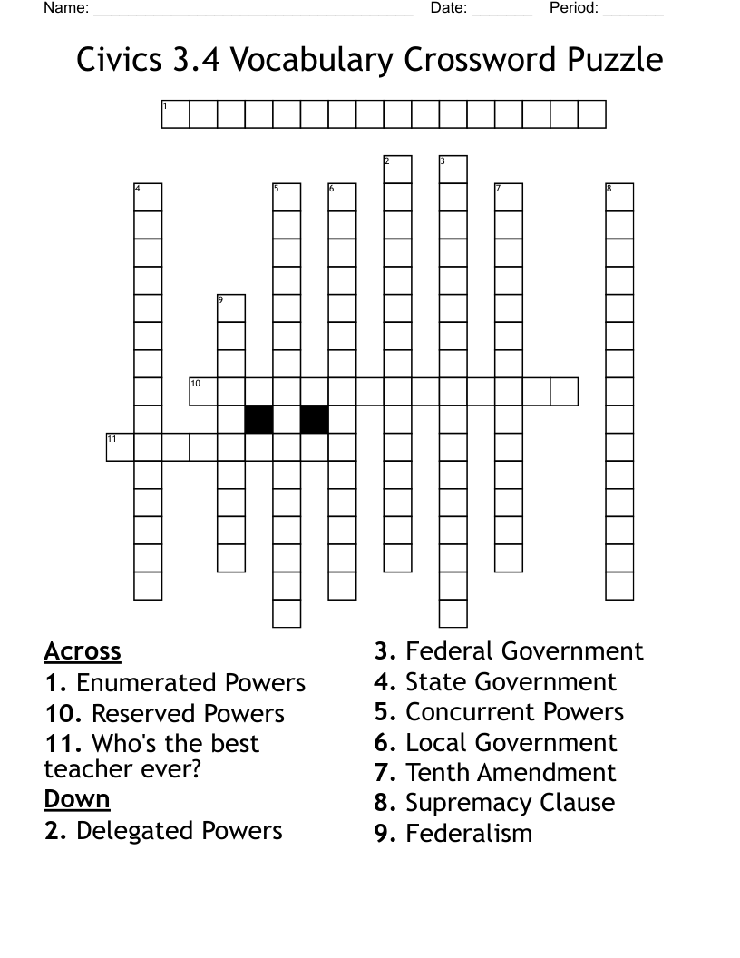 Civics 3.4 Vocabulary Crossword Puzzle