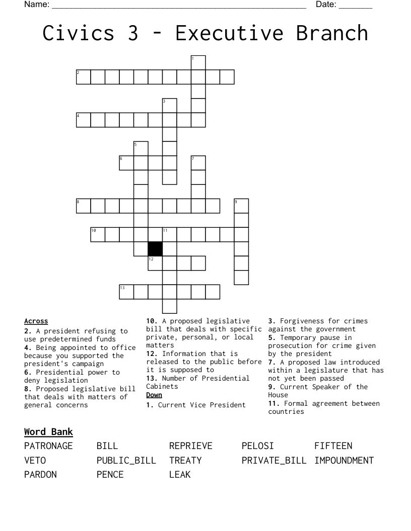 Civics 3 - Executive Branch Crossword
