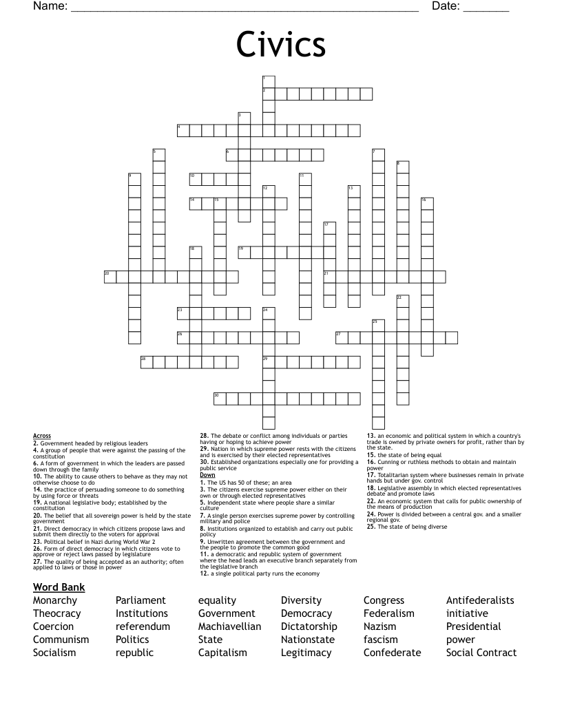 Civics Crossword