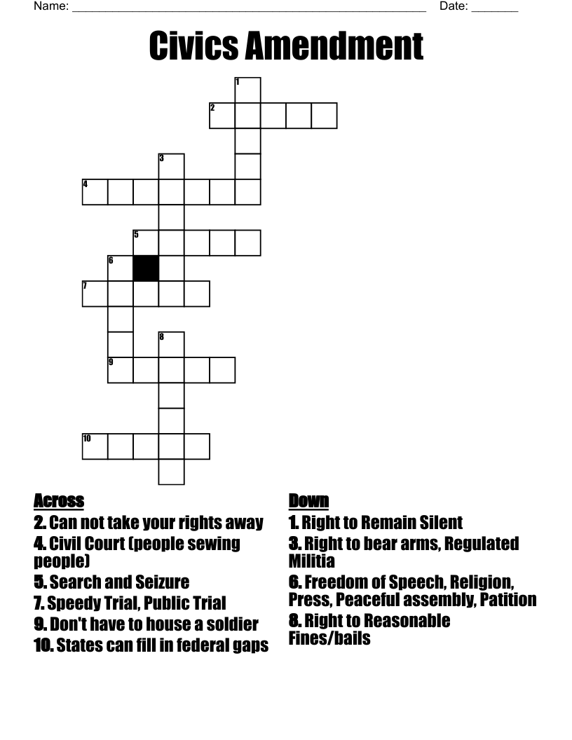 Civics Amendment Crossword